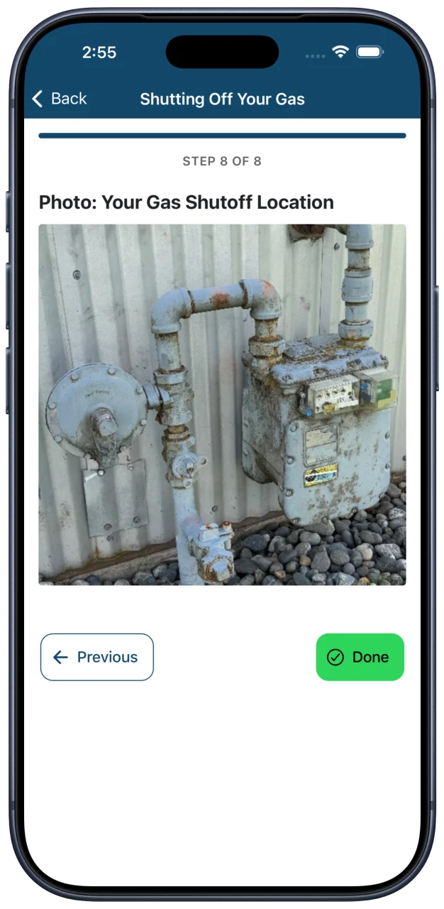 Dwell Secure showing a photo of a gas shutoff location